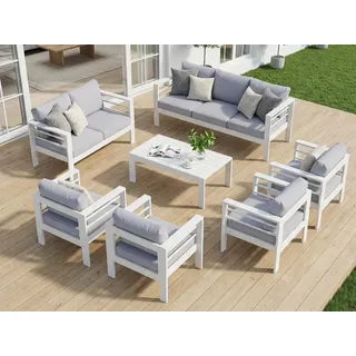 MeXo Gartenlounge-Set Terrassenmöbel Set 8-10 Personen Aluminium outdoor wetterfest, (Belastbarkeit pro Sitzplatz 140kg, 7-tlg., 12cm Deluxe Relax-Sitzkissen), Gartenmöbel Set für Außenbereich, Terrasse, Balkon und Garten weiß