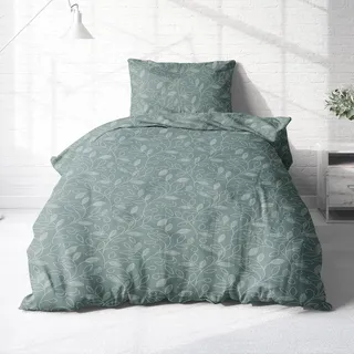 Träumschön Biber Bettwäsche Set 2tlg 155 x 220 cm Grün – Blumen Ranken Design – Flauschige Winterbettwäsche - Bettbezug + Kissenbezug 80x80 cm - Weihnachten - 100% Baumwolle