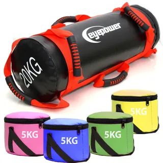 Eyepower 20kg Power Bag + 4 Kettlebell Gewichte - mit Eisensand 6 Griffe Fitness