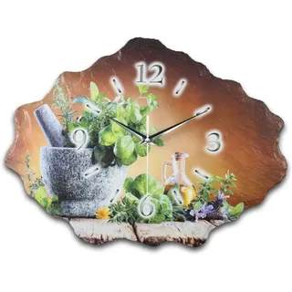 Kreative Feder Wanduhr Design-Wanduhr aus Stein (Beton) „Kräuter“ (Funk- oder Quarzuhrwerk; ohne Ticken; elegant, außergewöhnlich, modern) bunt