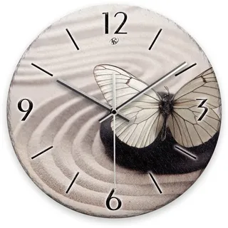 Kreative Feder Wanduhr „Schmetterling“ aus Stein (Keramik) in Schiefer-Optik; Durchmesser 30cm; mit leisem Uhrwerk (Schmetterling, leises Funkuhrwerk)