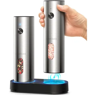 WONMAKE Salz und Pfeffermühle Elektrisch, Elektrische Pfeffermühle Mühle Set Edelstahl mit USB-C Dual Ladestation/110ML Große Kapazität/5 Einstellbarer Mahlgrad/LED-Beleuchtung, ideal Gift für Mama