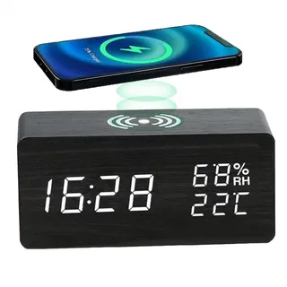 ThreeH Wecker mit Drahtlosem Laden Holz led Display & Helligkeitsregelung Datum Anzeige für Nachttisch/Schreibtisch