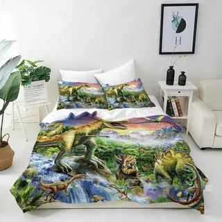 ANHOPE Dinosaurier Bettwäsche Set 2 Teilig Dschungel Tier Dinosaurier Bettbezug 135x200 cm + Kissenbezug 80x80 cm Weich Microfaser Bettbezüge mit Reißverschluss Ganzjahres Bettdeckenbezug Set
