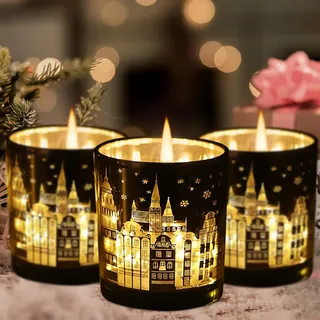 Weihnachtsdeko Innen Tischdeko 3 Stück Weihnachten LED Windlicht Glas Weihnachtsdekoration Tisch Fenster Weihnachtsbeleuchtung Deko Schwarz Gold Christmas Decor Licht Beleuchtung Winterdeko (Schloss)