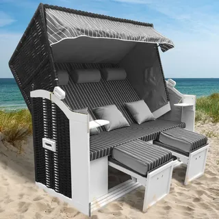 BRAST® Strandkorb Usedom 3-Sitzer XXL für 2-3 Personen | 165cm breit | 5 Designs | inkl. wetterfeste Abdeckhaube | verstellbare Rückenlehne Fußkissen | Anthrazit/Grau - gestreift