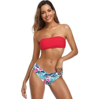 SHEKINI Bikini Set Damen Verstellbar Bandeau Halter Spitze Bikini V Schnitt Bikinihose Zweiteilige Badeanzug (Small, B-Rot) - S
