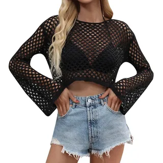 Netzoberteil Damen Festival Langarm Häkeltop Sexy Hollow Out Strickpullover Crochet Crop Top Pullover Streetwear 0