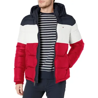 Tommy Hilfiger Herren Classic Hooded Puffer Jacket Daunenalternative, Mantel, Midnight/White/Red, X-Large Hoch - XL Lang