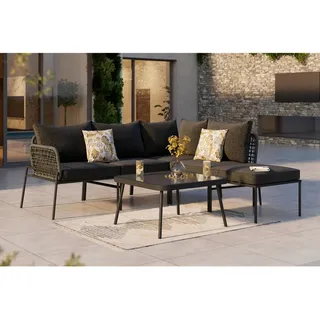 Ambia Garden Loungegarnitur, Dunkelgrau, Metall, Glas, Textil, 6-teilig, Füllung: Polyester,Schaumstoff, Rundrohr, 116x69x70 cm, UV-beständig, Loungemöbel, Gartenlounge-Sets