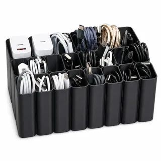 KABELATM Kabel Organizer Box mit Deckel – Kabelaufbewahrung mit Fächern für Ladekabel & Zubehör – Ordnungssystem gegen Kabelsalat – Schreibtisch Organizer (Schwarz)