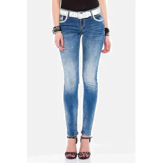 Cipo & Baxx "Jeans", Damen, Gr. 27, Länge 32, blau, 93% Baumwolle;5% Polyester;2% Elasthan, unifarben, Basic, slim fit lang, Jeans, mit Stickereien auf den Gesäßtaschen, WD343