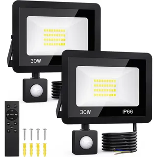 30-w-led-fluter – 2er-pack – Mit Bewegungsmelder – Außenbeleuchtung – Mit Fernbedienung – Kaltweißes Licht 6500 K – Ip66 Wasserdicht – Geeignet Für Gärten, Garagen, Terrassen, Häuser Und Höfe