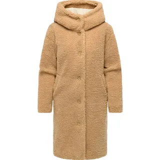 Ragwear Damen Teddymantel langer Wintermantel Plüschmantel mit Knopfleiste und Kapuze Joonie YOUMODO Camel Gr. S - S