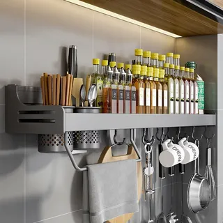 COITROZR Gewürzregal,Küchenregal Wand ohne Bohren,Gewürzregal Hängend Mit 8 Haken & 2 Hängebecher Anhebbares,Küchen Organizer Wandregal Regal,küchenutensilienhalter,50cm Grau