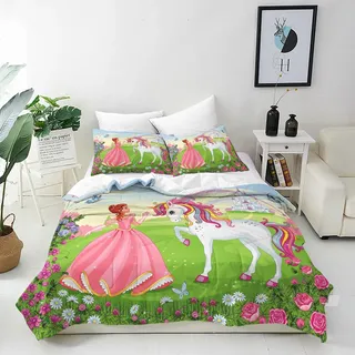 ANHOPE Prinzessin Einhorn Schloss Bettwäsche Set Microfaser Bettbezüge mit Reißverschluss 2 Teilig Bettbezug 135x200 cm + Kissenbezug 80x80 cm Weich Bettdeckenbezug Set für Kinder Mädchen