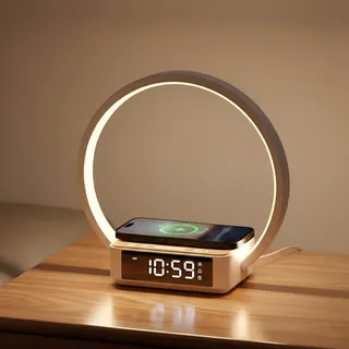WILIT LED Nachttischlampe mit Kabelloser Ladefunktion, Lichtwecker Tischlampe Touch Dimmbar mit 3 Helligkeitsstufen, Warmes Nachtlicht mit 5W Wireless Charger für Schlafzimmer, Holz&Weiß