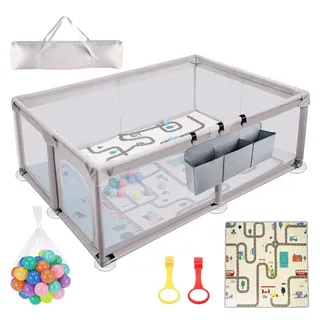 Laufstall Baby 120x180cm, Laufgitter Baby mit Matratze und Seitliche Aufbewahrungshängetasche 50 Bälle Bunt, Playpen aus 600D Oxford Gewebe, Grau - Grau
