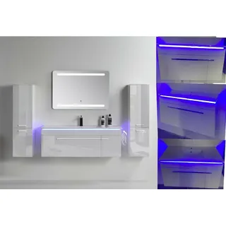 Faizee Möbel Badmöbel-Set Badmöbel set, Weiß komplett 5TLG 90/120 cm, (Komplett-Set, 5-St), LED-Spiegel mit Touch Badmöbel-Set VORMONTIERT Hochglanz lackiert weiß 90 cm x 40 cm x 45 cm