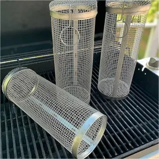20 × 9 Cm Großer, Rollbarer Grillkorb Aus Edelstahl Mit Zylindrischem Grillkorb Für Grillmesser, Inklusive 3-teiligem Zubehör Für Pommes Frites Und Grillgerichte.
