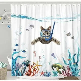 Duschvorhang 180 X 200 Cm, Motiv: Tauchende Katze, Ozean, Wasserdicht, Waschbar, Rutschfest, Schnelltrocknend, Polyestergewebe, Badezimmeraccessoire Mit 12 Haken