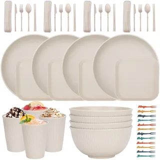 48 Teiliges Unzerbrechliches Geschirr Set, Wiederverwendbar Camping für 4 Personen Plastikgeschirr Picknick Leicht Bunt Grill Kunststoff Servierteller Schüsseln Besteck