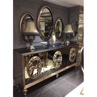 Casa Padrino Luxus Barock Möbel Set Blau / Antik Gold - 1 verspiegeltes Sideboard & 3 ovale Wandspiegel - Prunkvolle Barock Möbel