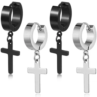 AFCJLTO 2 Paar Ohrringe Set Edelstahl, Schwarz Ohrstecker Kleine Creolen Kreuz, Hypoallergen Ohrstecker Chirurgenstahl,Piercing Knorpel Ohrringe Schwarz für Männer Damen