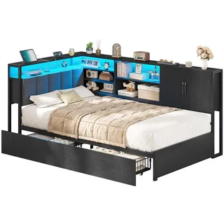 KIMENICH Polsterbett 90x200 mit LED-Beleuchtung und USB-Ladestation, Jugendbett Tagesbett mit Lattenrost aus Metall und 2 Schubladen, ohne Matratze - Schwarz