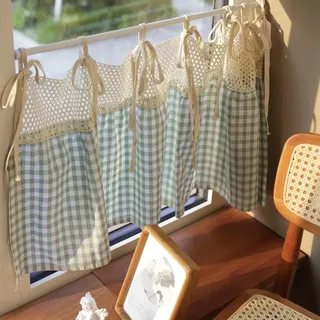 Daliena Gardinen Kariert Kurz Scheibengardinen mit Häkelspitze Bistrogardine Landhausstil Privatsphäre Fenstergardine Küchengardine Vintage Cáfe Gardine (BxH 120x40cm) Blau 1 stück