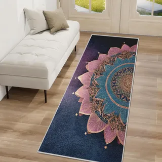 Generisch Mandala Blume Teppich Läufer Flur, Boho Blume Teppich Läufer Waschbar, Weicher Kurzflor rutschfest für Küche, Korridor, Vorzimmer, Schlafzimmer Deko, 60x180 cm N5s46Lp