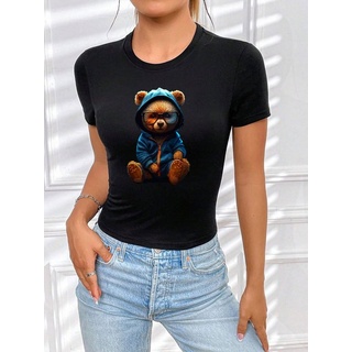 RMK Print-Shirt Damen T-Shirt Top Sommer Rundhals süßer Teddybär Bär Brille mit lizenziertem Originaldesign, aus Baumwolle, Unifarbe blau|schwarz 56