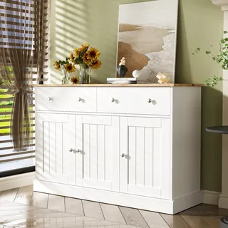 OLIVIBED Sideboard mit Silbernen Griffen, Küchenschrank mit 2 Schubladen und 3 Türen, Landhausstil Kommode mit 2 Schubladen, Anrichte für Wohnzimmer, Esszimmer, Weiß und Holzfarbe, 120x36x80.5 cm