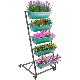 TTL Garden Vertikalbeet mit 5 versetzten Etagen 145x66x68cm - vertikales Hochbeet Blumenkasten & Balkon Beet mit 5 Pflanzkasten, Metall Rahmen stabil mit Rollen, für Blumen Kräuter & Gemüse