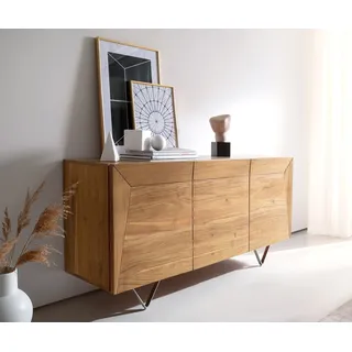DELIFE Sideboard Kayu, Akazie Natur 145x40x70 cm 3 Türen V-Fuß Sideboard beige 145 cm x 70 cm x 40 cm
