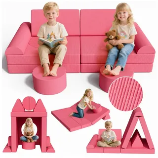 TLGREEN Kindersofa Spielsofa Cord, 15-Teiliges Modulare Kinderspielcouch, Kindersofa-Bausteine, Spielsofa für Kinder, kreatives Spielen für Kuschelecke im Kinderzimmer rosa