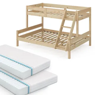 VitaliSpa Etagenbett Everest 140x200 / 90x200 cm mit 2 Matratzen Natur modern Massivholz Kinderzimmer Bett Lattenrost Bettleiter Kletterbett Doppelbett Geschwisterbett Matratze
