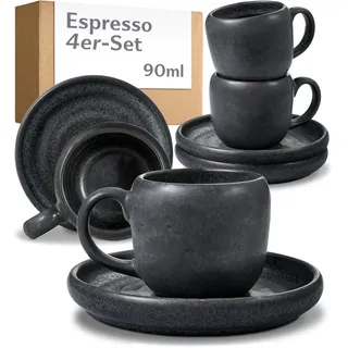 Cosumy 4er Espressotassen Set mit Untertassen Schwarz – 90 ml Keramik Espresso Tassen Set – Hält lange warm dank dickwandigem Steingut – Elegante Kaffeetassen mit handglasierter Oberfläche