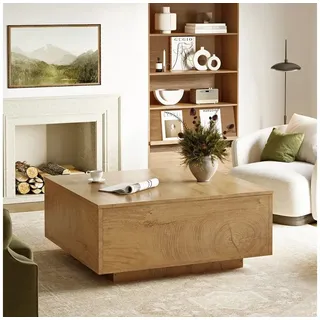 FABATO Couchtisch eckig, höhenverstellbar mit verstecktem Staufach, Landhaus-Design (1-St), mit einem sanften Hebe-Mechanismus, hellbraun braun