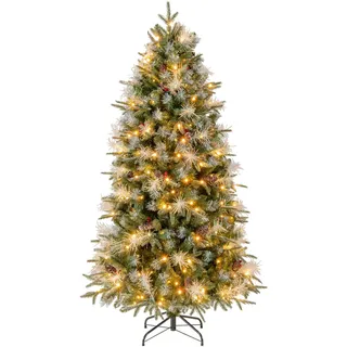 COSTWAY Künstlicher Weihnachtsbaum 180 cm, Tannenbaum mit Beleuchtung | 270 warmweiße LEDs, 8 Lichtmodi, 806 PE-, PVC- und PET-Zweigspitzen, 32 Kiefernzapfen und 32 Büschel roter Beeren, grün