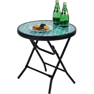 PHI VILLA Klappbar Runder Beistelltisch Glas aus Metall Gartentisch Kaffeetisch Klein Balkontisch wetterfest pflegeleicht für Balkon Garten Terrasse Wohnzimmer