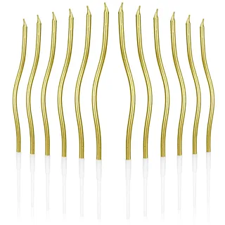 24stk Spiral Tortenkerzen, Gedrehte Lange Dünne Geburtstagskerzen Schlanke Cupcake-Dekoration mit Kunststoffhalter für Geburtstagsfeier Hochzeit Jubiläumsfeier (Gold)