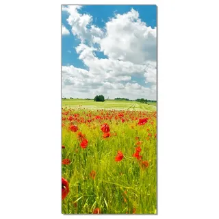 Wallario Selbstklebende Türtapete Grüne Wiese mit Mohnblumen - Türposter 93 x 205 cm Abwischbar, rückstandsfrei zu entfernen