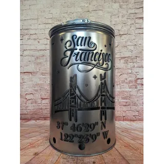 Fuchsbau Feuertonnen Feuertonne mit - San Francisco - Motiv - Gefertigt aus neuem Ölfass - Besondere Feuerstelle für Garten und Terrasse - Hohe Feuerschale mit Rostoptik - 90 x 60 cm