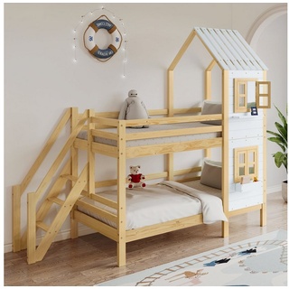 Ulife Etagenbett mit Handlauf und Fenster,Kinderbett mit Fallschutz und Gitter, Hausbett,Rahmen aus Holz, 90x200cm beige