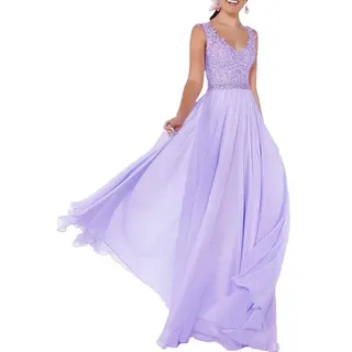 Beyonddress Damen Chiffon Abendkleider Lang Hochzeit V-Ausschnitt Brautkleid Ballkleider Brautjungfern Kleider(Lavendel,36) - 36