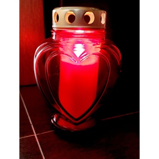 Grablicht Set mit Kerze & Zündhölzer Grabdeko Herzform rot Trauerlicht aus Glas Gedenklicht