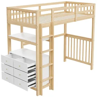 Hochbett,Einzelbett(Holzfarbe)Kinderbett,vertikale Sicherheitsleiter,Schubladen und Regale, hohes Zaundesign, Lattenrost, Bett aus Kiefernholz - Braun