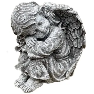 Stone and Style Engelfigur Steinfigur Engel Mädchen sitzend groß frostfest Gartenfigur Steinguss grau