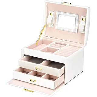 Schmuckaufbewahrung mit Spiegel und Schloss, Schmuckkasten 3 Ebenen, Weiß | Schmuck Organizer für Damen | 2 Schubladen + oberes Fach | Schlüssel inklusive | Samtfutter | Geschenkidee